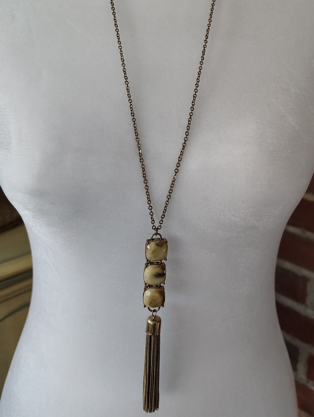 Vintage Gold Tassel Pendant Necklace with Amber Colored Resin Rock